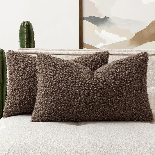 Faux Fur Throw Pillow Covers 20x12 Inch Set of 2 Boucle Neutral Decorative by Woaboy