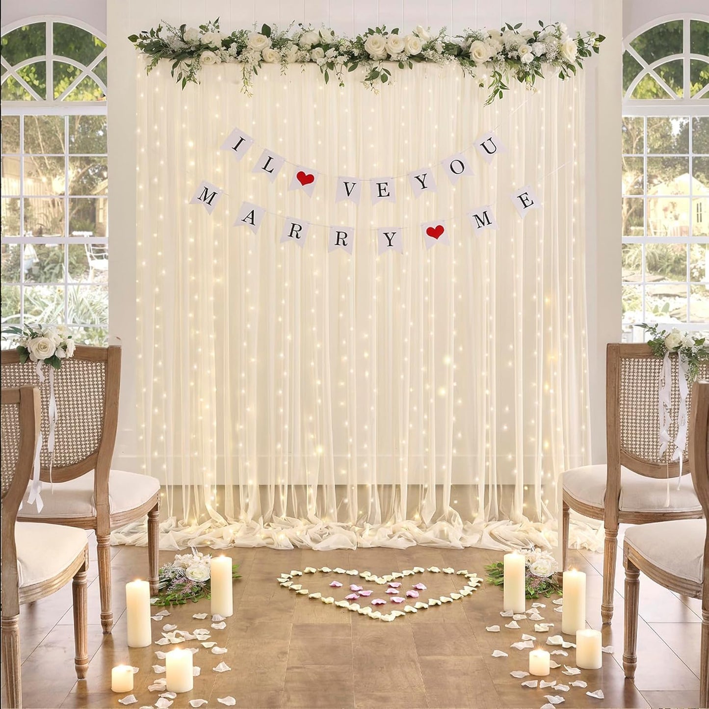 Champagne Tulle Backdrop Curtain with Lights String for Parites Wedding 10x8ft Champagne Sheer Backdrop Curtains for Bridal Shower Baby Shower Birthday Party Photo Booth Background Decorations