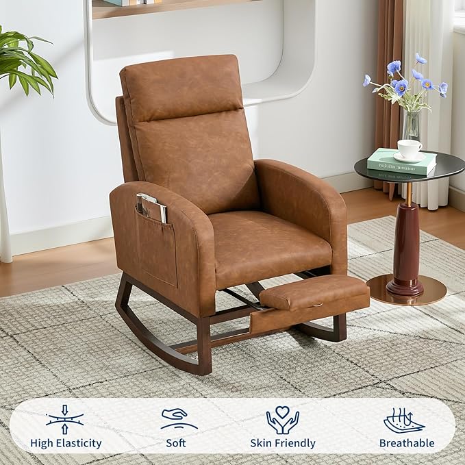 Rocking Chair Nursery with Foot Rest, Modern PU Upholstered Reading Glider - Image 6