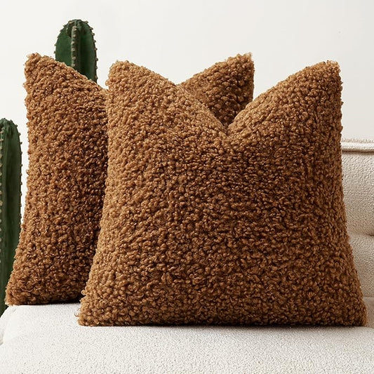 Faux Fur Throw Pillow Covers 20x20 Inch Set of 2 Boucle Neutral Decorative by Woaboy