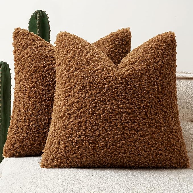 Faux Fur Throw Pillow Covers 24x24 Inch Set of 2 Boucle Neutral Decorative by Woaboy