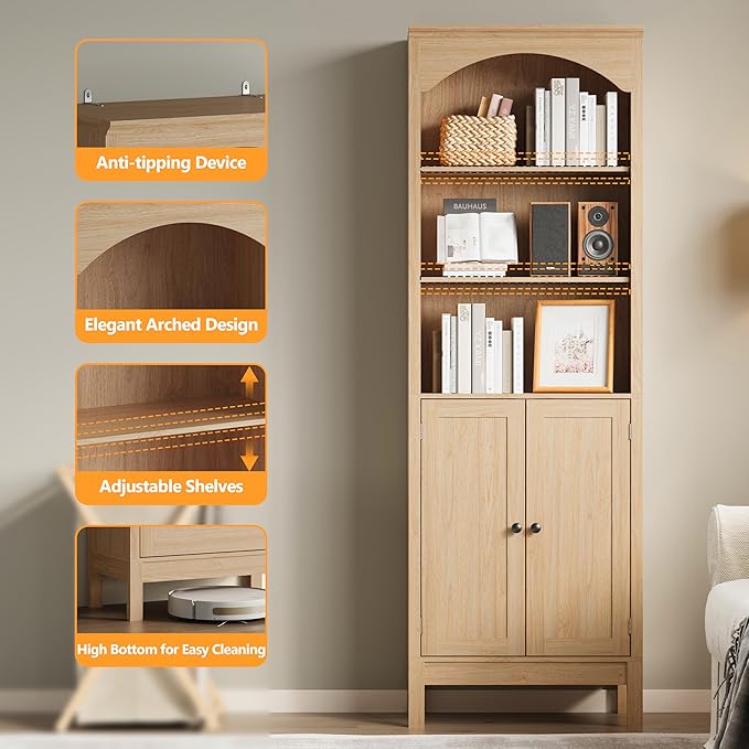 Bookshelf with Doors, Floor Standing Display Storage Cabinet - Image 5