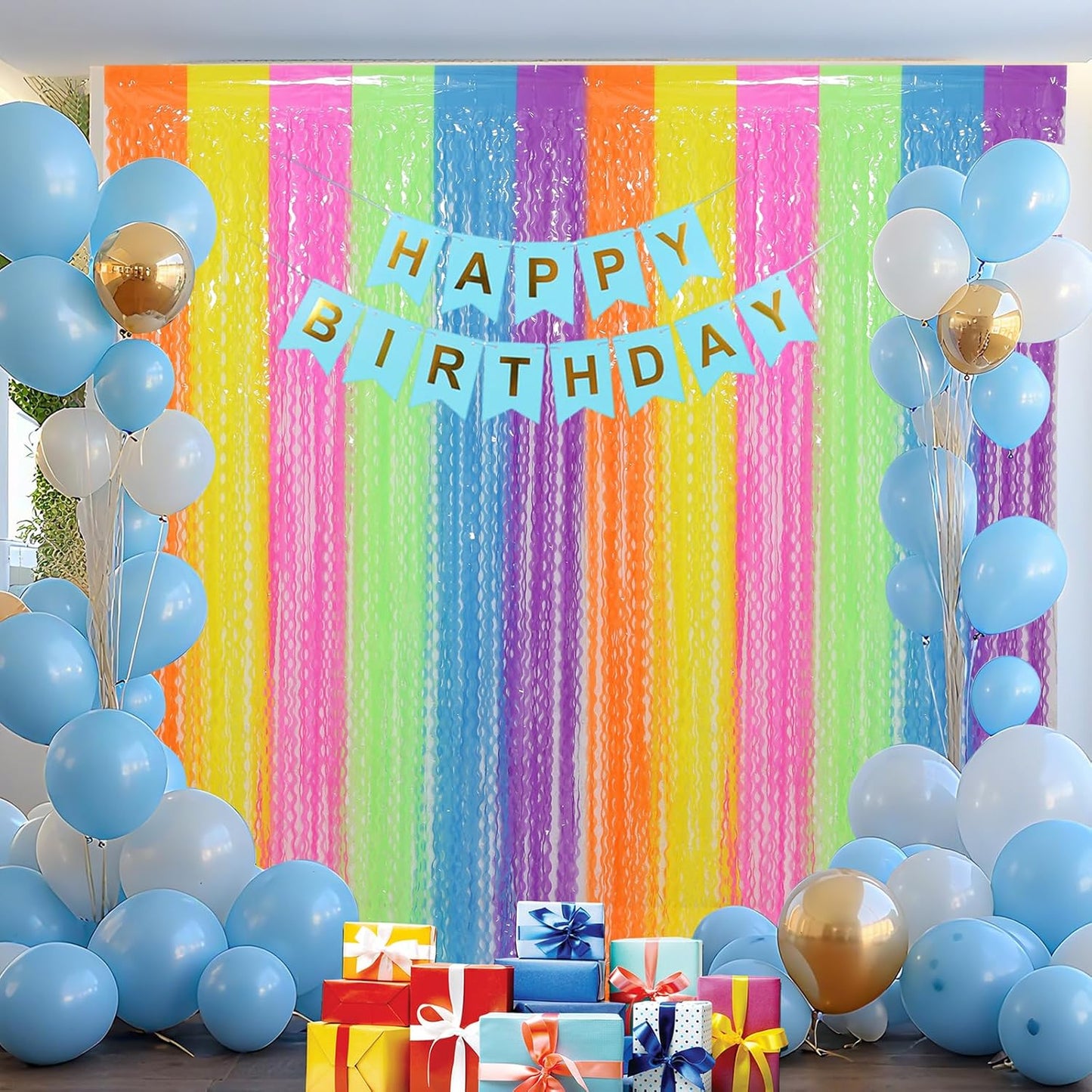 4 Pack Colorful Foil Fringe Curtain Backdrop - 3.3 x 6.6ft Wavy Rainbow Tinsel Backdrop Curtain Metallic Streamers Holiday Photo Booth Party Decorations