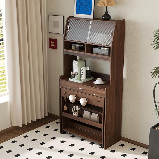 Compact Buffet with Hutch and Foldable Dining Table, 2-in-1 Buffet - Image 4