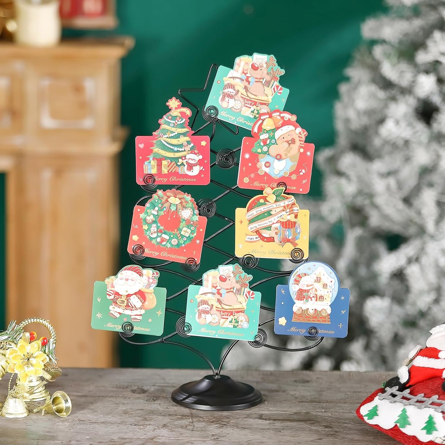 Decorative Metal Christmas Tree Card Holder, 18 Inch Tabletop Holiday Card Display Rack with Star Topper, Black Wire Tree Cards and Photo Holders Stand, Holds up to 19 Place Cards and Memos Pictures