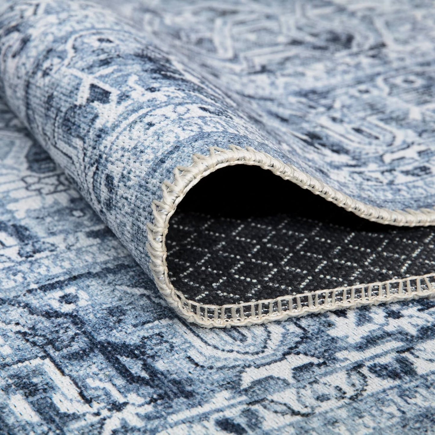 Bloom Rugs Washable Non-Slip 6' x 9' Rug - Ivory/Denim Blue Traditional Medallion Area Rug for Living Room, Bedroom, Dining Room, and Kitchen - Exact Size: 6' x 9'