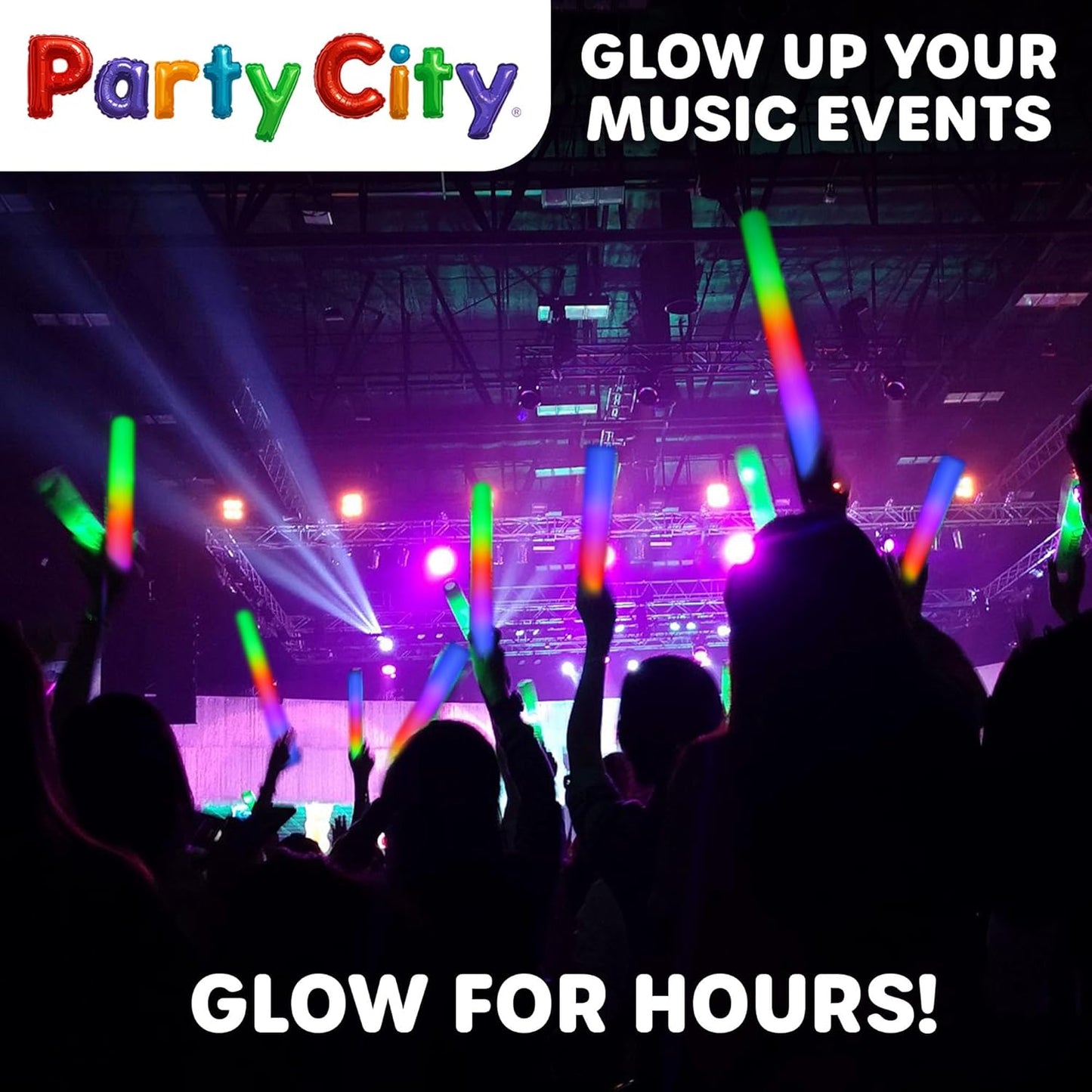 Party City 24pk LED Foam Glow Sticks 14”- Glow in the Dark Party Supplies Favors, Colorful Flashing Wand with 3 Modes, Foam Light Up Sticks Bulk Party Pack for Wedding, Birthday, Concert, Halloween
