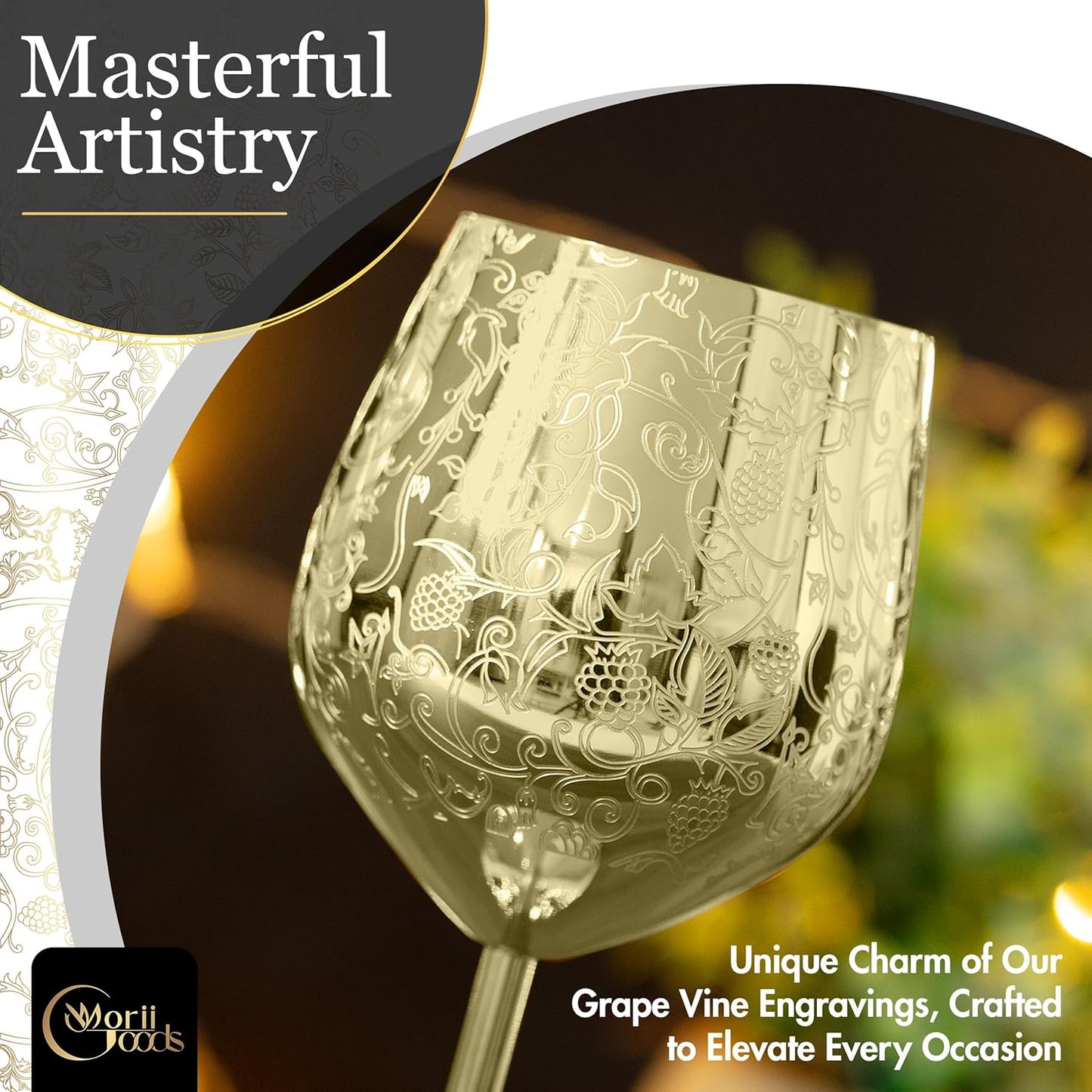 Stainless Steel Wine Glasses - Set of 2 Etched 16 oz Metal Goblets, Unbreakable Gold Cups for Camping, Travel, Outdoor Events, Picnics, Luxury Wine Gifts for Women and Men