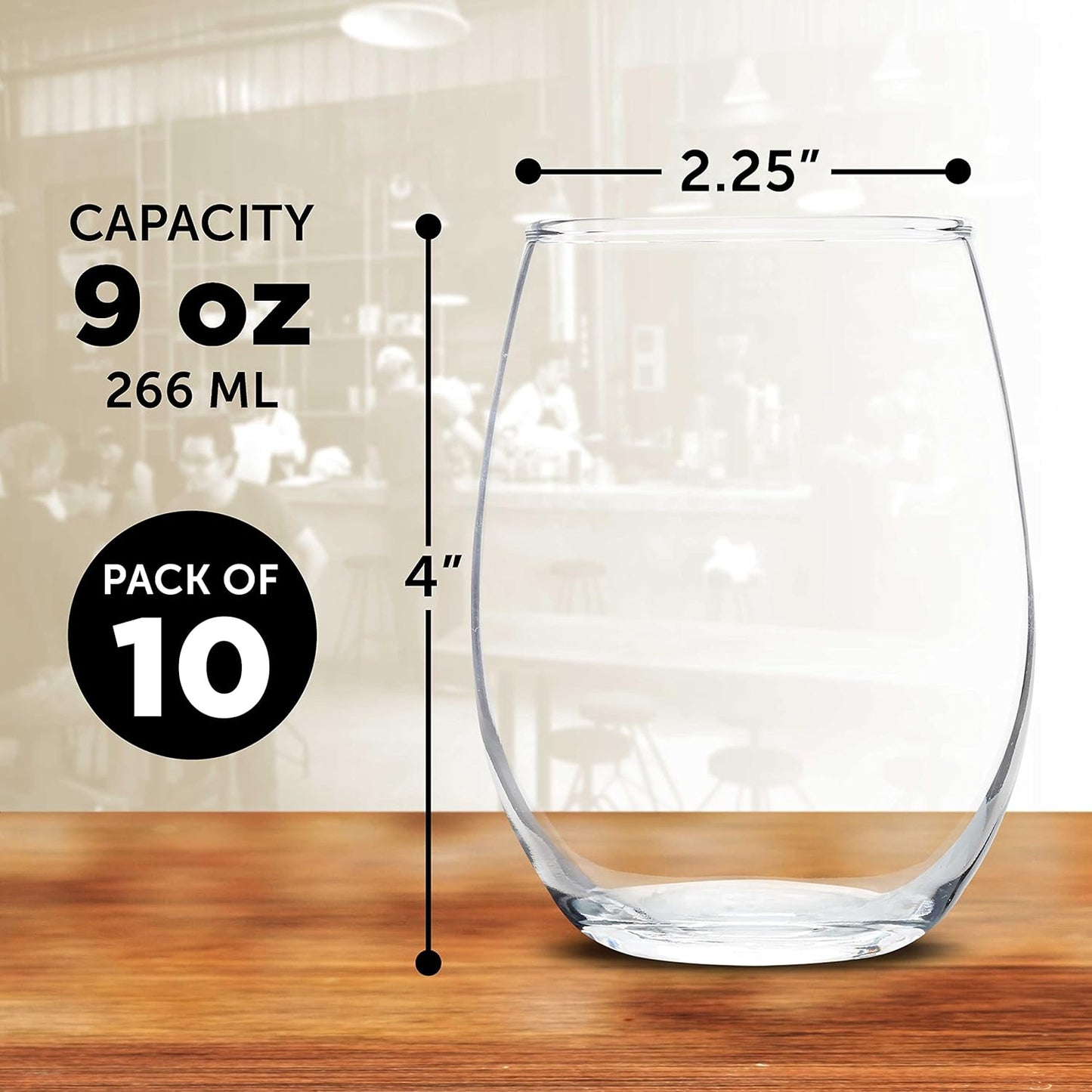 DISCOUNT PROMOS Stemless Wine Glass 9 oz. Set of 10, Bulk Pack - Great for Wedding Favors, Bachelorette Party and More - Clear Bottom Color