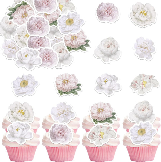 48PCS Edible Rose Flowers Cupcake Toppers Edible White Rose Flowers Cupcake Decor Wafer Paper Wedding Flowers Cupcake Picks for Flowers Theme Engagement Birthday Party Decor Supplies