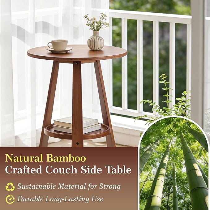 Bamboo Round End Table with Storage Shelf, 2-Tier Mid-Century Modern Accent - Image 3