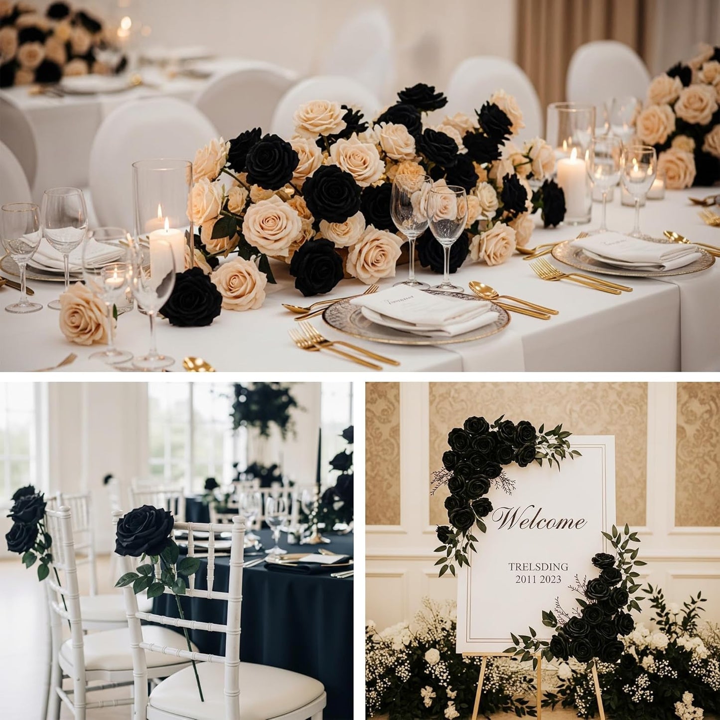 Auihiay 60PCS Black Fake Roses, Velvet Silk Artificial Roses, Realistic Roses Flowers for Photo Shoots, Wedding Centerpieces, Bridal Bouquets, Anniversary, Valentine's Day, Halloween Decorations