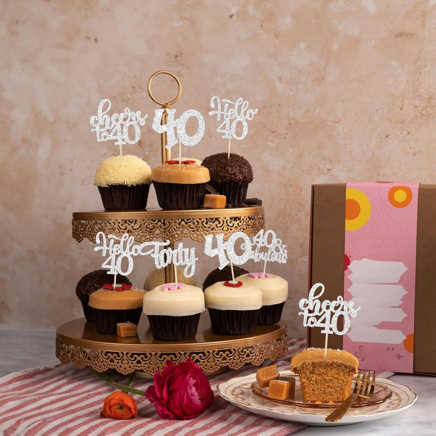 30pcs Happy 40th Birthday Cupcake Toppers - Silver Glitter Forty Cheers to 40 Years Old Cupcake Picks for Anniversary Party Cake Decorations