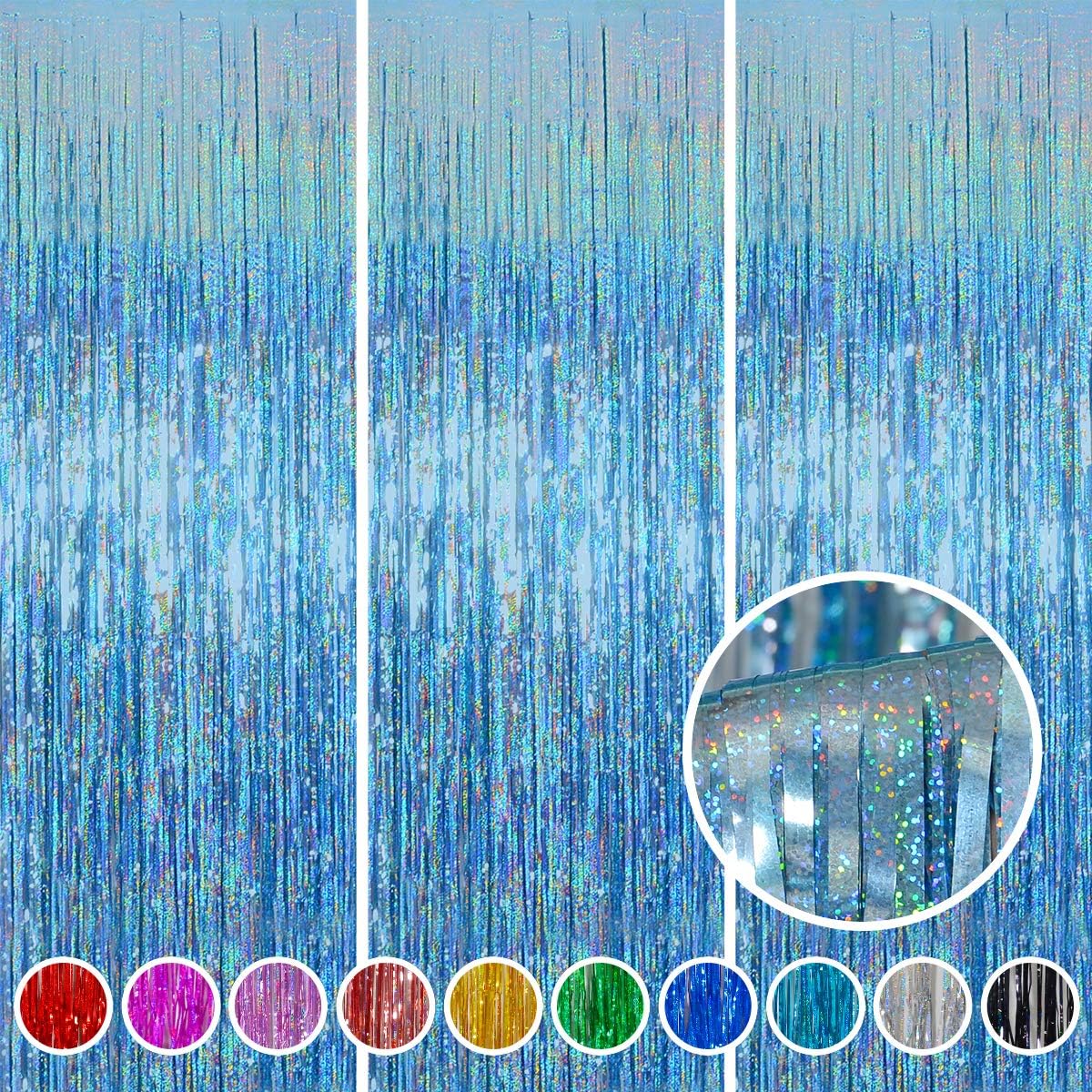Foil Fringe Curtains Party Decorations - Melsan 3 Pack 3.2 x 8.2 ft Tinsel Curtain Party Photo Backdrop for Birthday Party Baby Shower or Graduation Decorations Light Blue