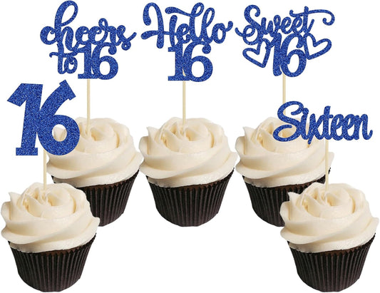 30pcs 16th Birthday Cupcake Toppers - Sixteen Happy 16th Cupcake Picks - Cheers to Sweet 16 Cake Decorations - Deep Blue Glitter