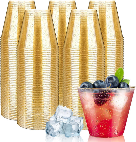 [200 Pack] 9oz Plastic Cups with Gold Glitter Sturdy & Food Safe Plastic Wine Glasses Disposable Cups Party Wedding Cups Cocktail Glasses for Wine, Juice & Cold Beverages
