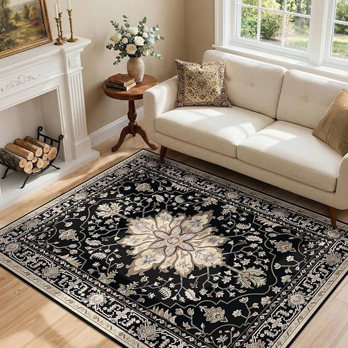 RELEANY Area Rugs 4'x6' Washable Non-Slip, Floral Vintage Distress Print by RELEANY