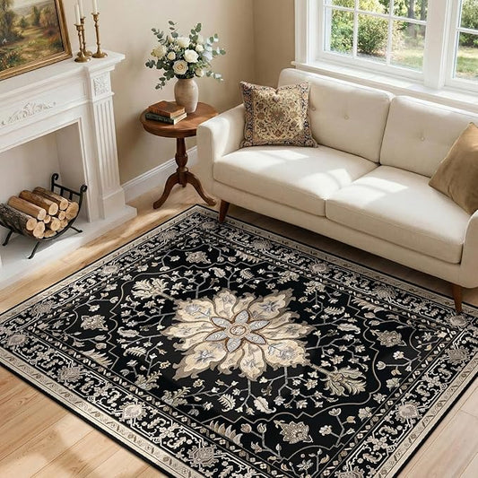 RELEANY Area Rugs 4'x6' Washable Non-Slip, Floral Vintage Distress Print by RELEANY