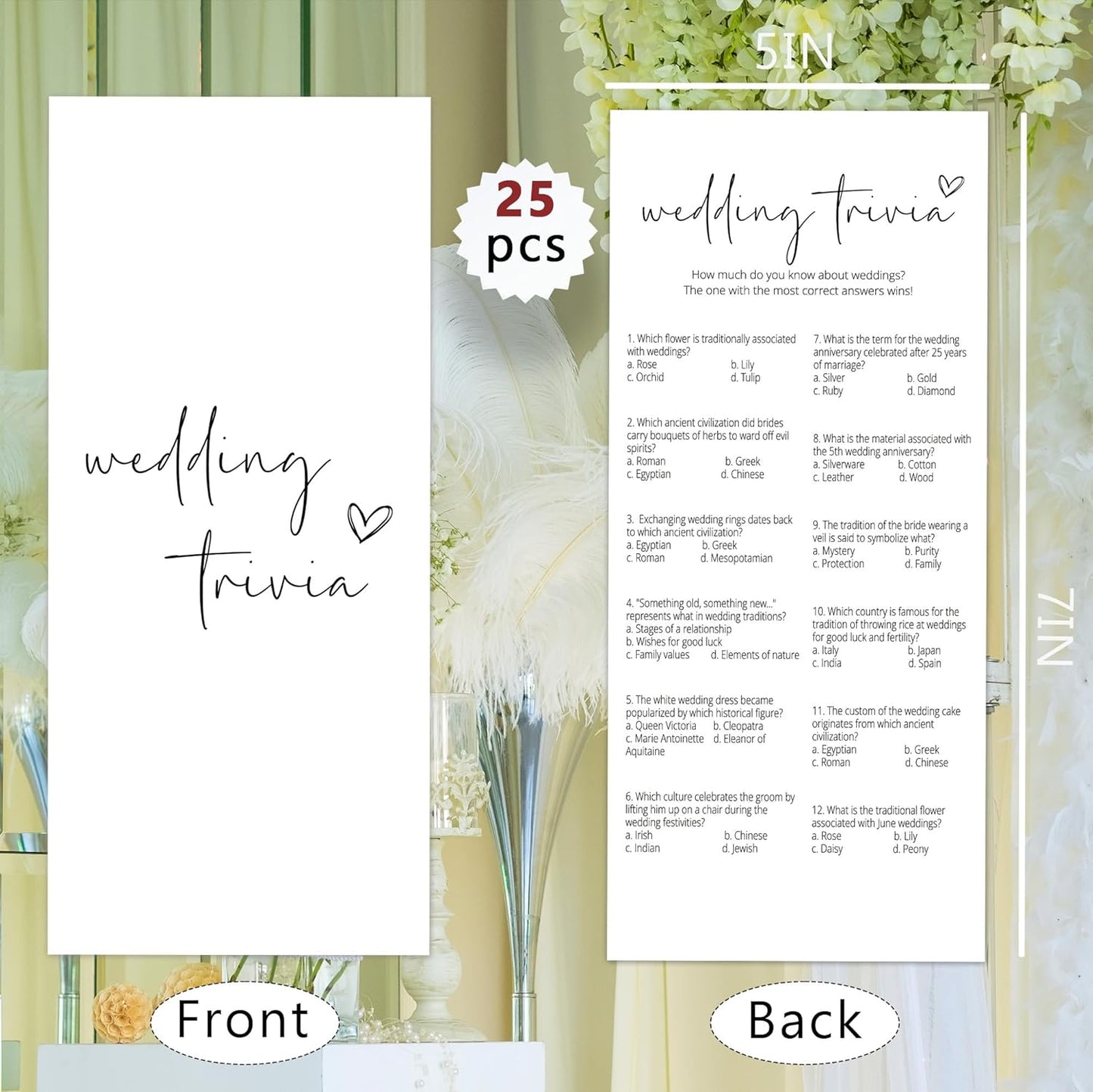 Bridal Shower Games, Wedding Trivia, 25Pcs 4x9inch Minimalist White Double-Sided Bridal Game Cards with 1 Answer Key, Wedding Shower Games for Guests, Engagement Bachelorette Party Supplies - A08