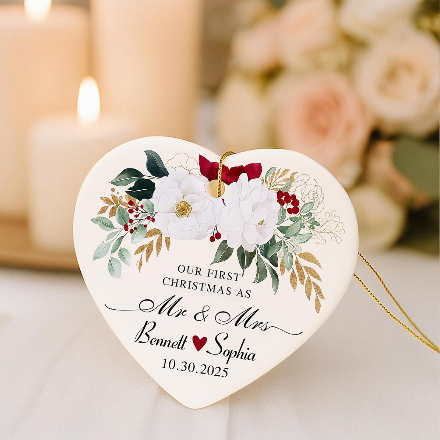 Love Signal Personalized Married Ceramic Ornament, Our First Christmas As Mr Mrs 2025 Ornaments, Custom Gift for Wedding Newlyweds Engaged Couple Christmas