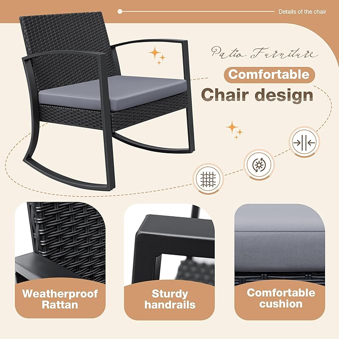 Greesum 3 Pieces Outdoor Furniture Set Patio Bistro Rocking Chairs - Image 6