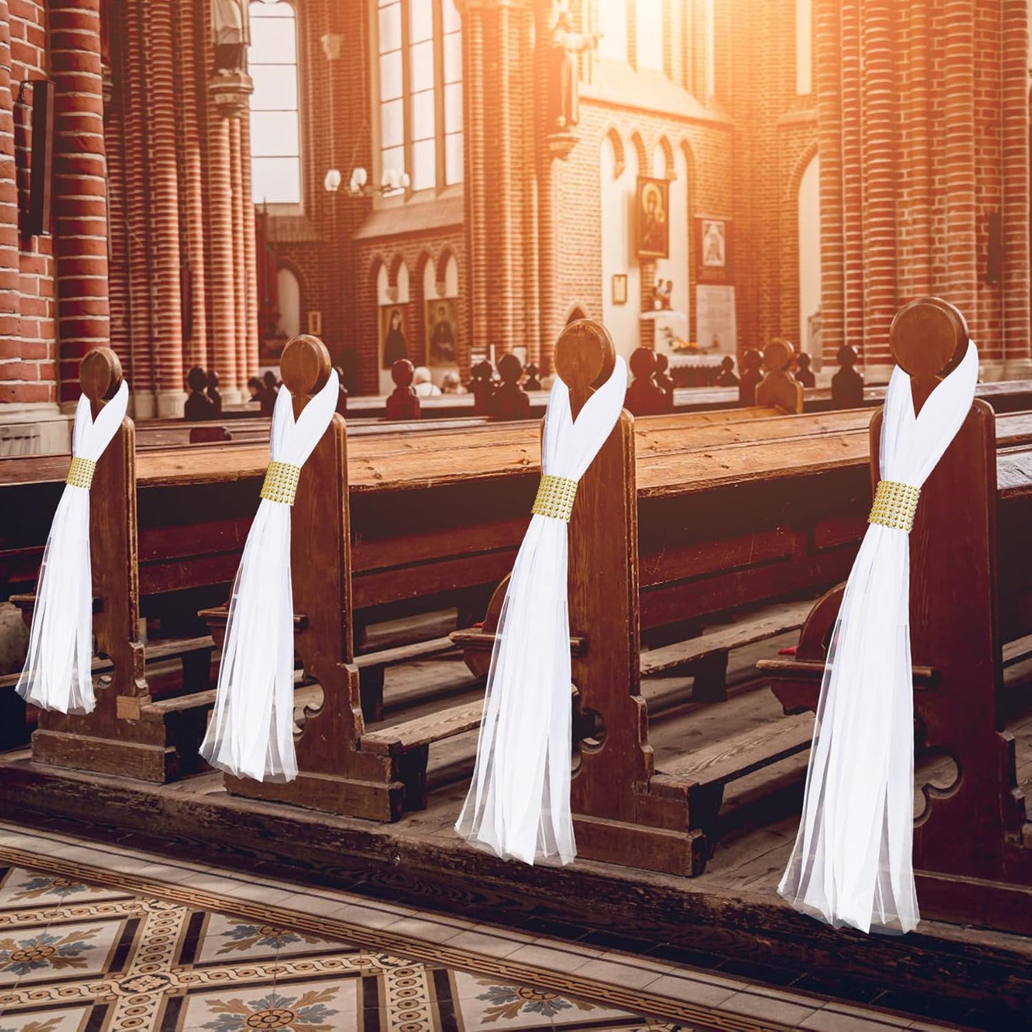 Large White Pew Bows Tulle Wedding Aisle Chair Decorations, Extended Church Pew Decor Aisle Flowers Runner for Weddings Ceremony Outside Decorations (26, Gold Wrap)