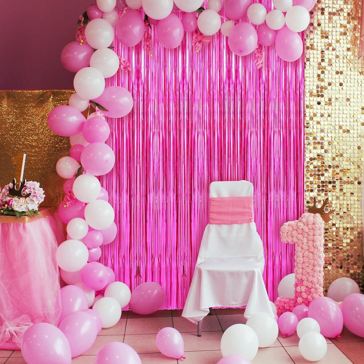 2 Pack Hot Pink Foil Fringe Curtains Streamers Party Decorations 3.3 x 8.2 ft, Tinsel Curtain Fringe Backdrop for Parties, Door Fringe Birthday Streamers, Photo Booth Backdrops, Party Decor
