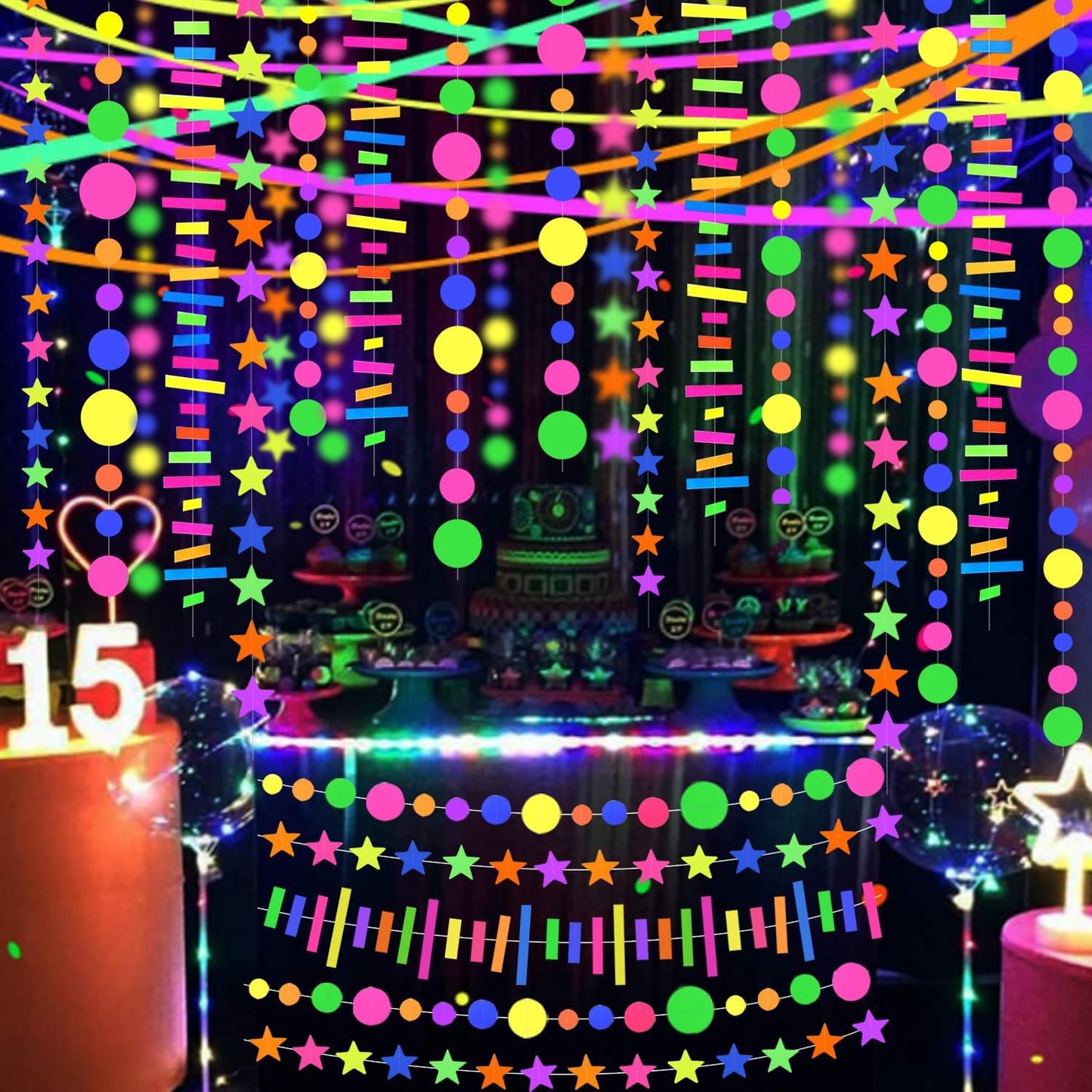 703feet UV Paper Neon Garland Neon Streamers Glow in The Dark Glow Party Supplies and Decorations Glow in The Dark Streamers Blacklight Reactive Fluorescent Black Light Neon Party Supply for Birthday