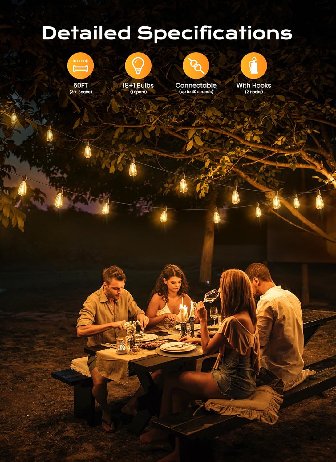 Brightown Outdoor String Lights, 50FT 18+1 LED ST38 LED Patio Lights Shatterproof, Dimmable IP65 Waterproof Connectable Hanging Outdoor Light for Backyard, Porch, Deck, Balcony