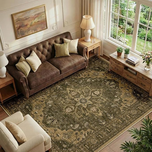 RELEANY Area Rugs 6'x9' Washable Non-Slip, Floral Vintage Distress Print by RELEANY