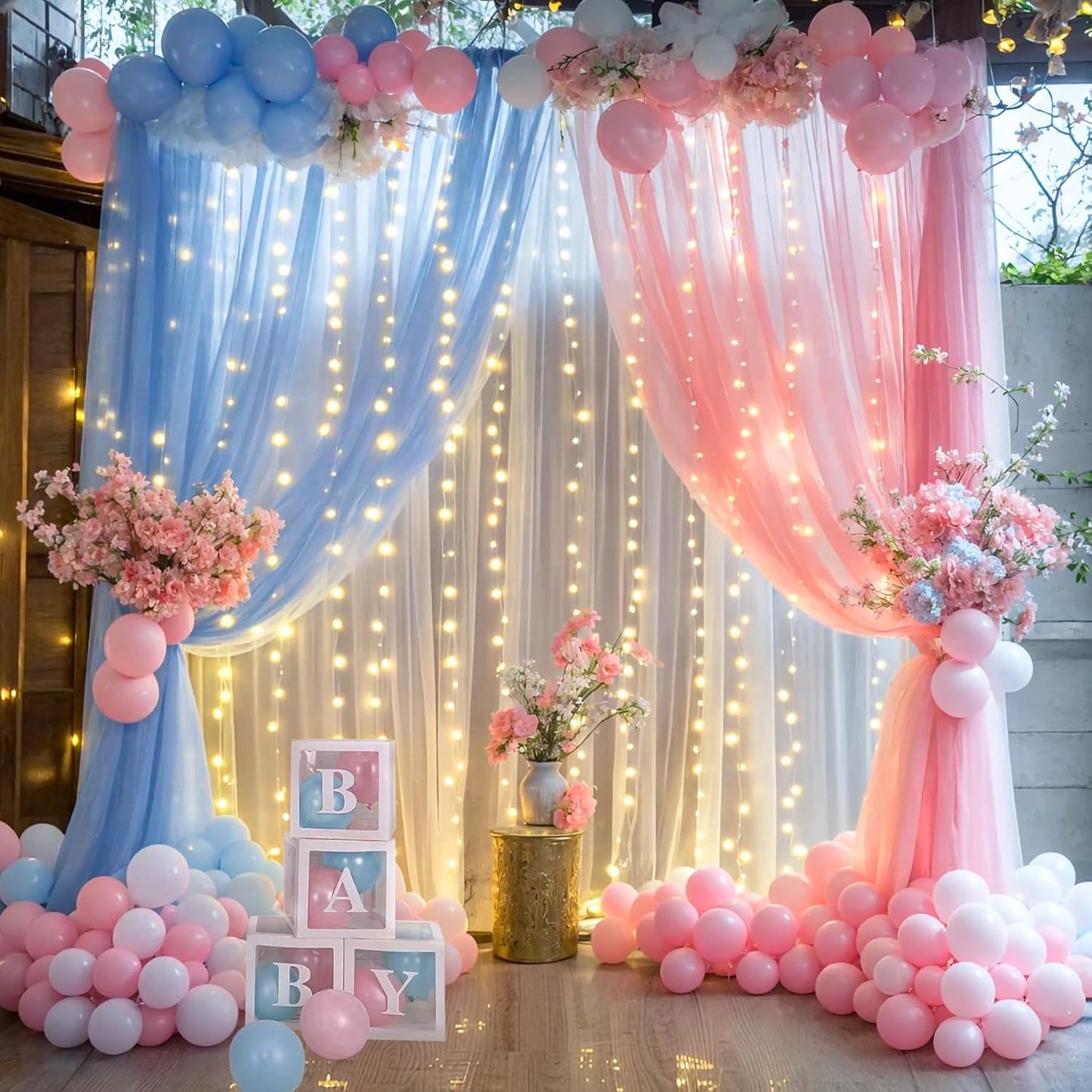 Pink Blue Sheer Tulle Backdrop Curtains with Lights String for Gender Reveal Baby Shower Decorations for Boy or Girl Birthday Party Photo Shoot Backdrop Background Decorations 2 Panels 5×8ft