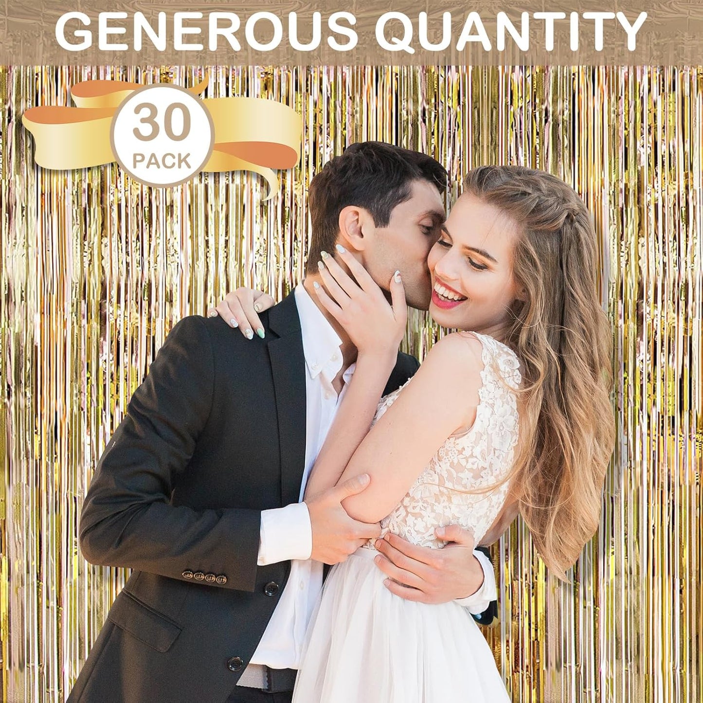 30 Pack Champagne Gold Foil Fringe Curtain Backdrop, 3.3x8.2 Feet Metallic Tinsel Streamer Curtains Photo Booth Props for Engagement/Wedding/Bridal Shower/New Year/Valentine's Day Party Decorations