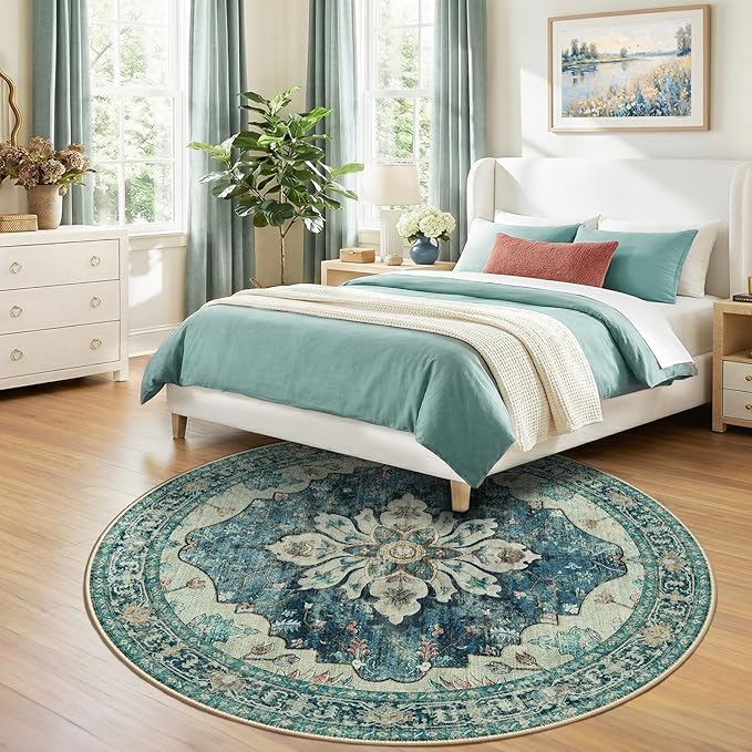 RELEANY Area Rugs Round 7ft Washable Non-Slip, Floral Vintage Distress Print - Image 2