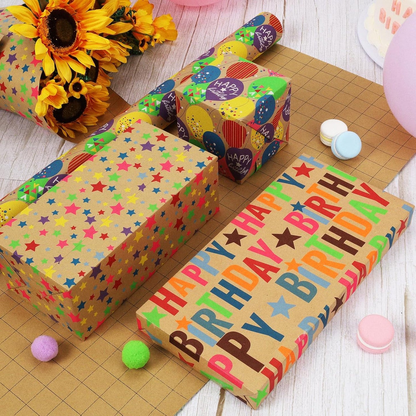 LaRibbons Birthday Wrapping Paper Roll for Kids, 30 Inch x 33 Feet (83 sq. ft. ttl.) Kraft Gift Wrap Paper with Colorful Star Pattern for Baby Shower Holiday Party