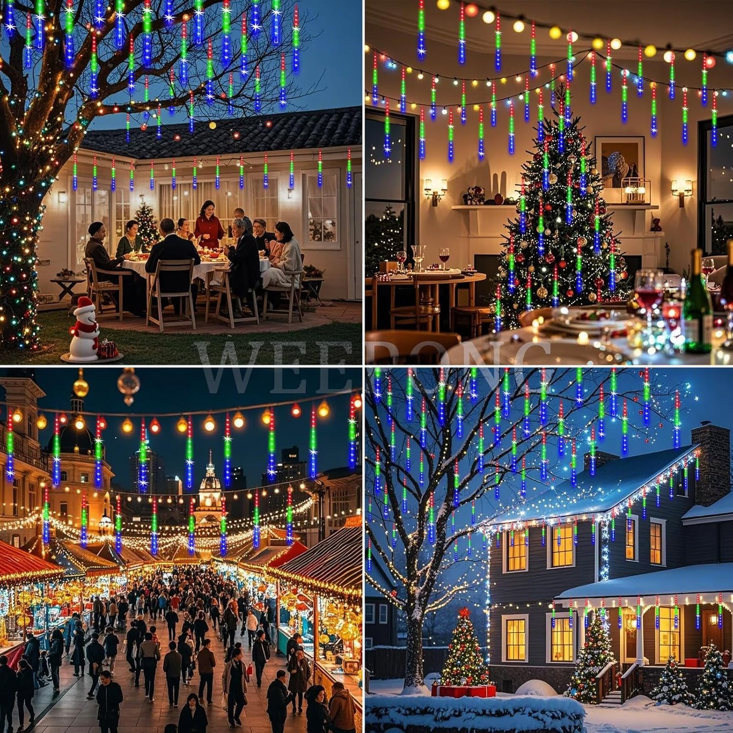 Meteor Shower Outdoor Christmas Lights 32 Tube 768LEDs Snow Falling Rain Cascading Icicle Light for Christmas Halloween Tree Decorations Wedding Party Garden Decor, UL Plug Multi Color
