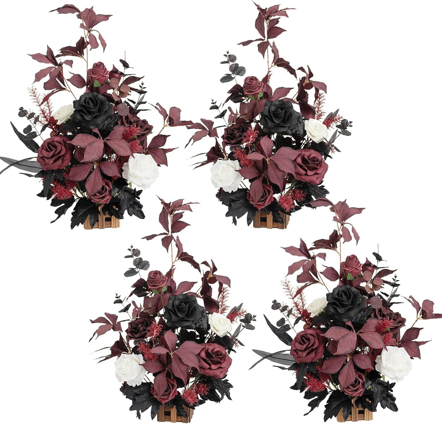 Ling's Moment 17.5" Tall Free Standing Artificial Flowers Arrangements 4 pcs Wedding Aisle Runner Chair Decorations Black Burgundy for Ceremony Reception Rose Floral Party Outdoor Centerpieces