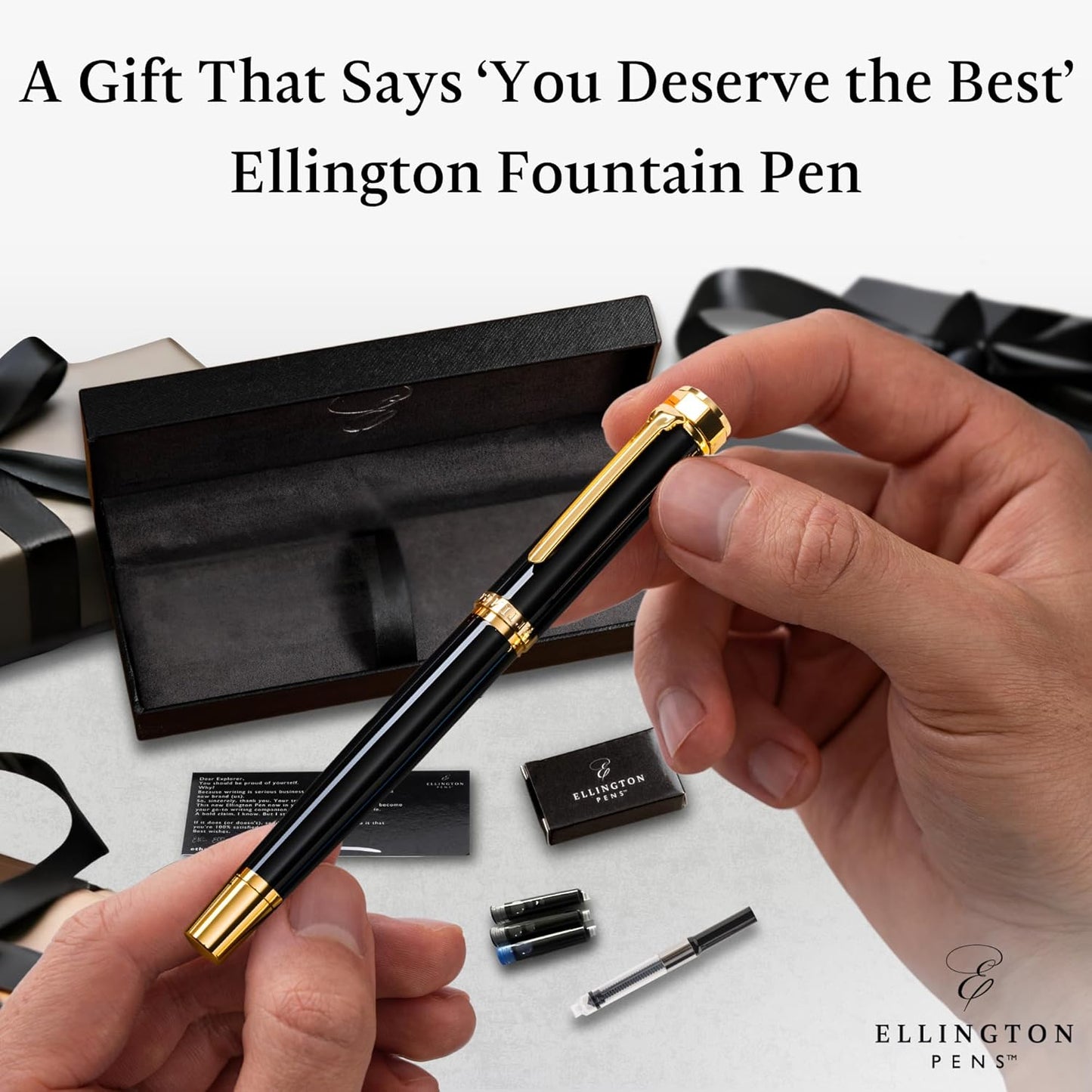 Ellington Pens Luxury Fountain Pen Set- Fountain Pens for Writing - Smooth Fine Nib - Includes Refillable Ink Converter, 3 Ink Cartridges [Black & Blue], Gift Box - Elegant Calligraphy