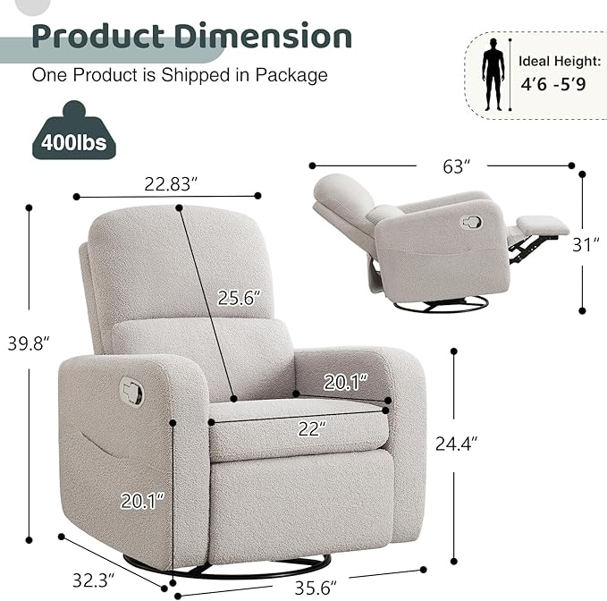 Swivel Rocker Recliner, Oversized Teddy Manual Nursery Glider Rocking Recliner - Image 2