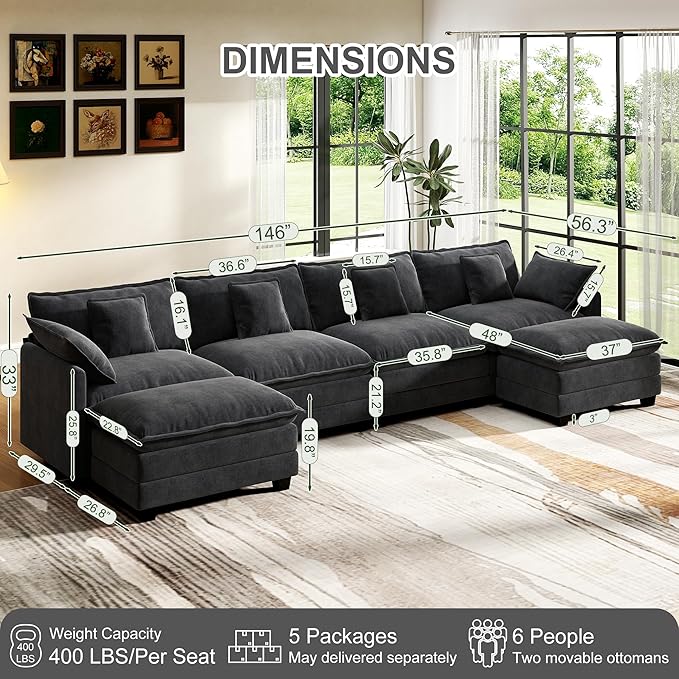 146" Cloud Couch Sectional, U Shaped Modular Sectional Sofa, 4-Seat Deep Seat - Image 2
