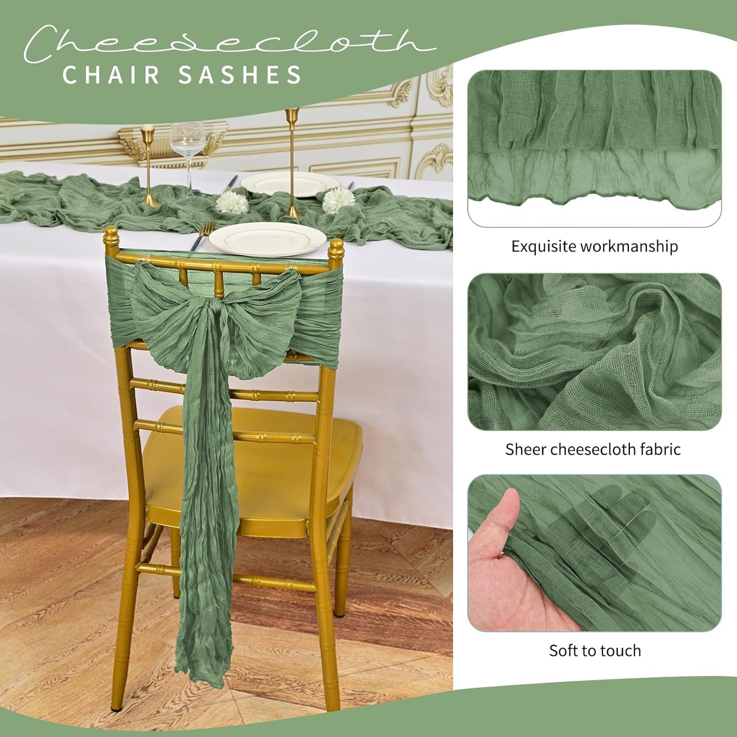 50 PCS Cheesecloth Chair Sashes, Bows Designed ChairSashes, 15.7x108 inch Chair Sashes for Aisle Decorations Universal Chairs Cover Decoration for Wedding Reception Party Banquet (Sage Green)