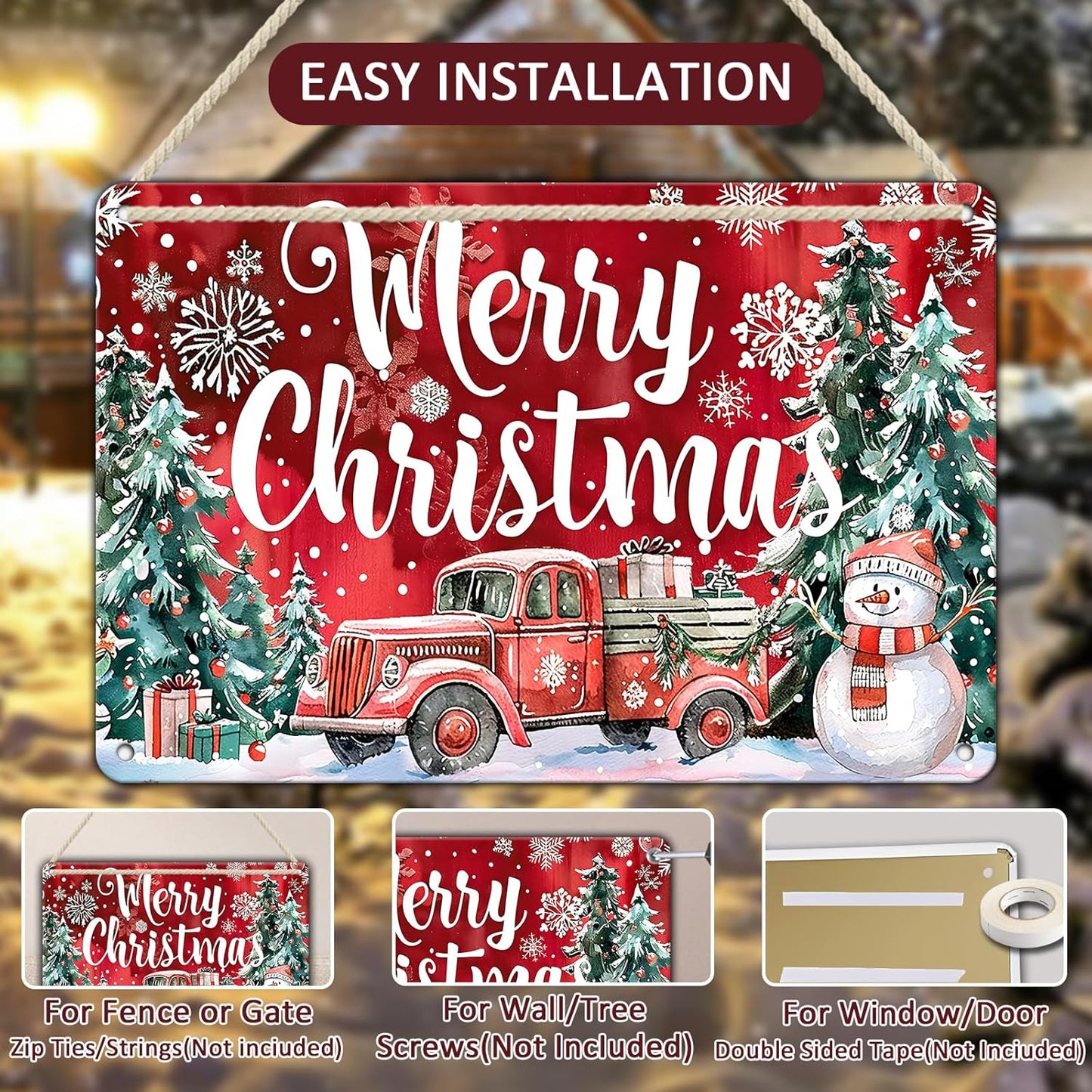 Christmas Truck Metal Tin Sign Merry Christmas Sign Funny Snowman Tin Sign Christmas Tree House Decoration for Indoor Home House Decor Party Supplies 8x12Inch