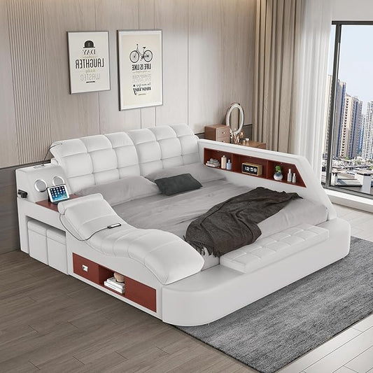 Luxury Smart King Bed Frame, Leather Headboard/Strong Wooden Slats by AFARTISANFURNITURE