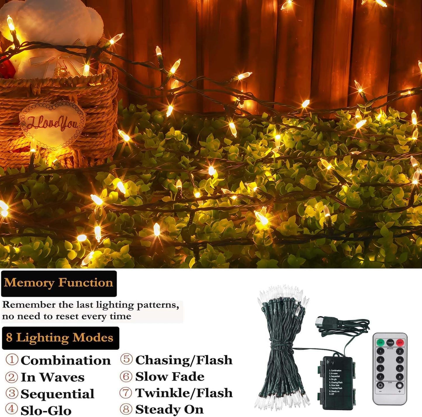 Tcamp 33ft 100LED Battery Operated Christmas Lights Outdoor Indoor, Battery Christmas Tree Lights with Remote Timer, 8 Modes Battery String Lights for Xmas Tree Wreath Bedroom Decor (Warm White)