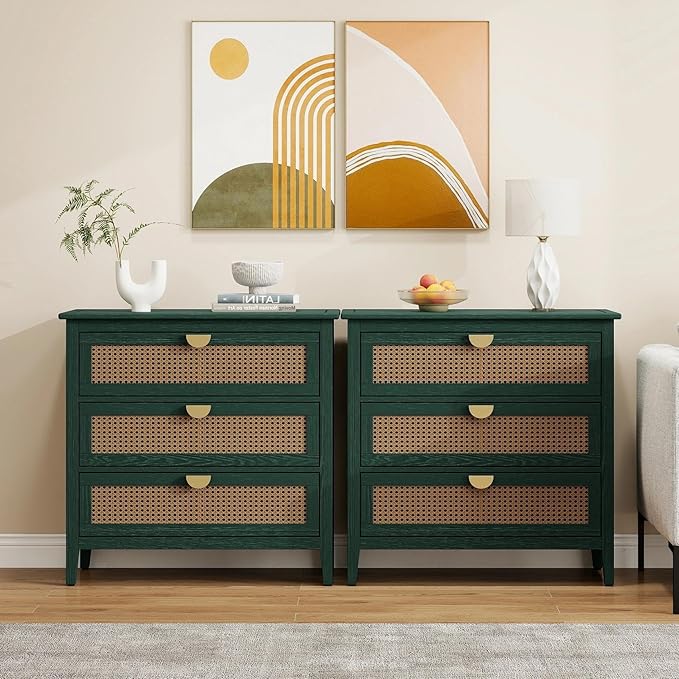 31.5" Retro Green Accent Storage Cabinets, Boho 3-Drawer Cabinets by YHFEXYT