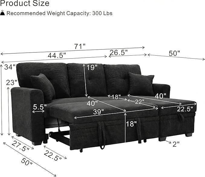 L Shaped Sectional Couch with Storage and Pull Out Bed, 3 Seater Sleeper Sofas - Image 4