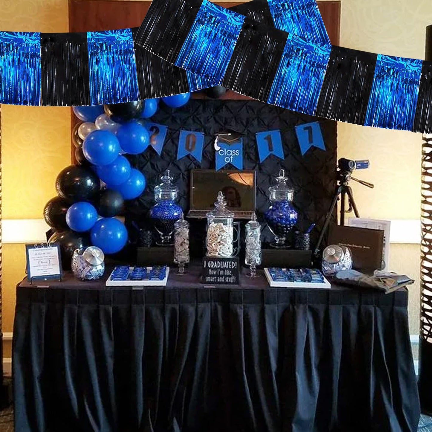 BEISHIDA 3 Packs Metallic Foil Fringe Garland Black Blue Wall Hanging Tinsel Fringe Banners for Car Floats Bridal Shower Wedding Birthday Easter Graduation Holiday Party Decoration(30 Feet)