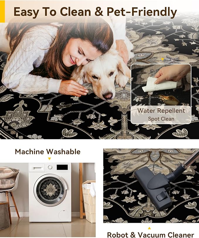 RELEANY Area Rugs Round 5ft Washable Non-Slip, Floral Vintage Distress Print - Image 4