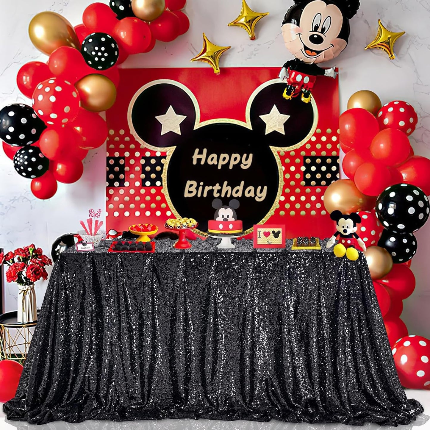 QueenDream Black Sequin Tablecloth 60" x 102" Black Table Cloth Rectangle Glitter Tablecloth for Wedding Birthday Party Ceremony Cake Dessert Table Decorations
