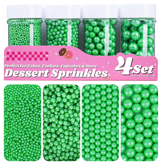 Green Pearl Sprinkles for Cake Decorating, 11.3 Oz Edible Pearls Sugar 4 Sizes Gift Box Set for Baking Cookie Ice Cream Cupcake Toppings