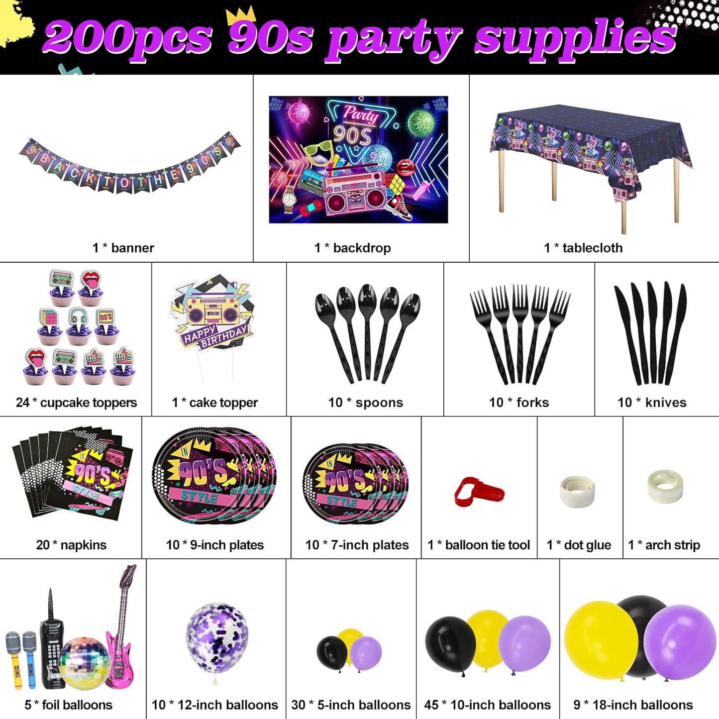 90s Party Decorations 80's 90's Theme Party Bundle includes Inflatable Gitar&Mobile Phone, Back To The 90's Banner, Tablecloth, Cake Toppers, Plates, Napkins, Hip-Hop Backdrop